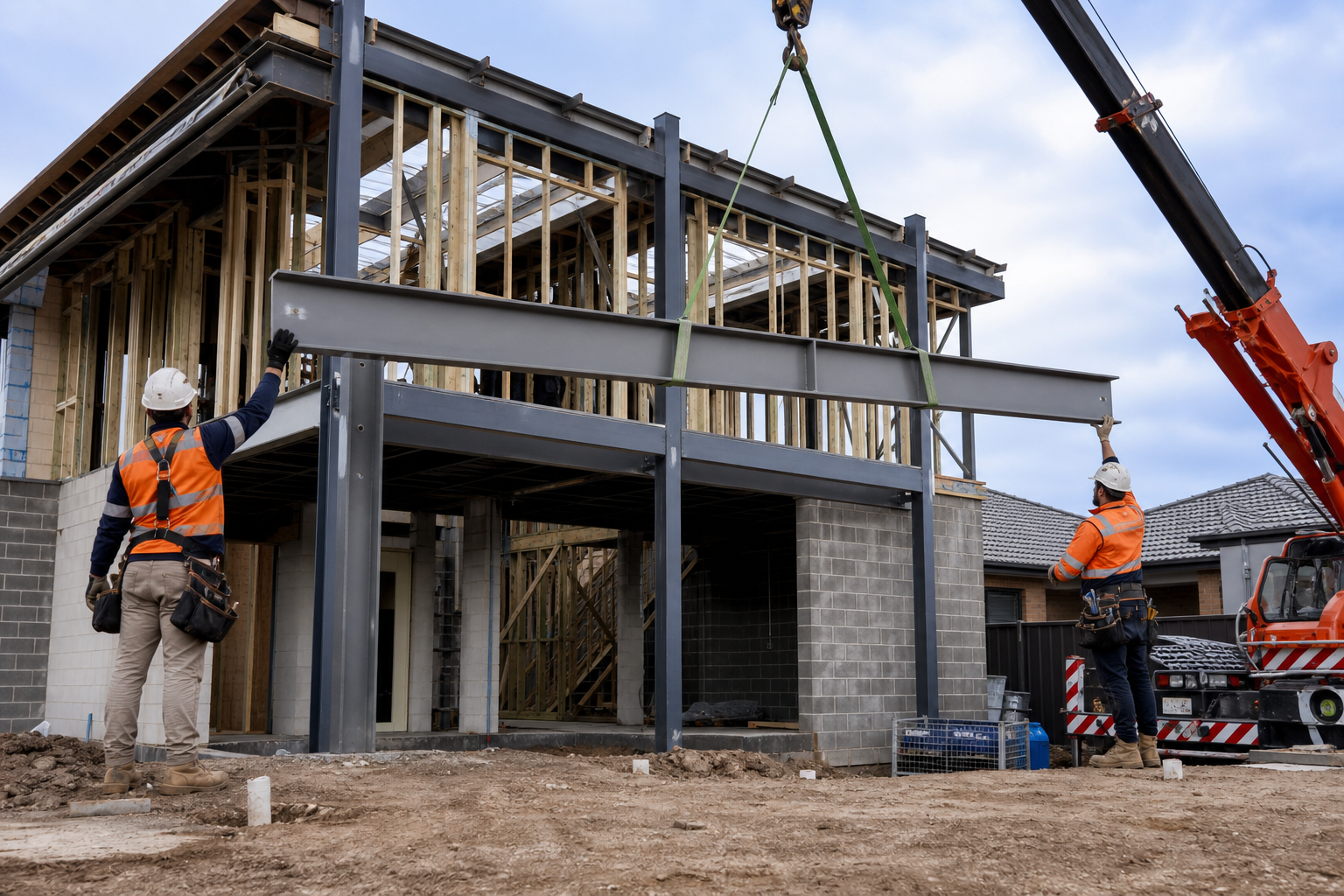 Structural steel beam being installed with a crane on a domestic building site