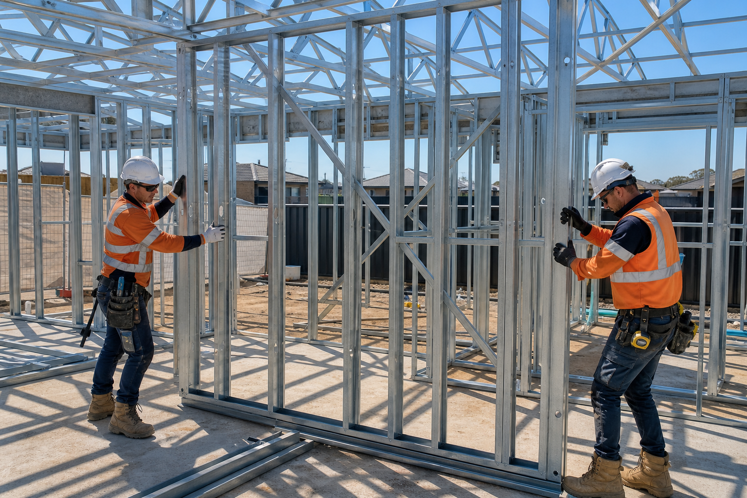 Installers positioning light-gauge steel wall framing on a domestic building site